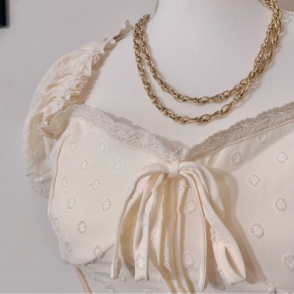 ❌SOLD❌ Forever 21 Cream Bustier Crop Top Puff Sleeve Ruched Blouse Polka Dot Med - Picture 5 of 13